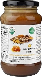 Certified Organic Raw Honey with Clove Cinnamon Turmeric Ginger Black Pepper Immunity Booster NMR Tested Pure Natural Unprocessed Unfiltered Wild Honey - 530g Glass Jar