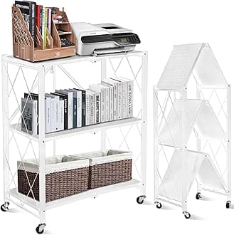 SKY-TOUCH Shelf Foldable Storage Shelving Unit 3 Tier, Storage Shelves Kitchen Cabinet Storage Rack with Caster Wheels, Multi-Shelf Foldable Storage Shelves for Living Room Bedroom Kitchen,white