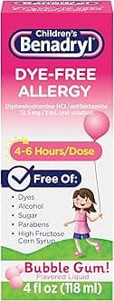 Children's Benadryl Dye-Free Allergy Relief Liquid + 12.5 mg Diphenhydramine HCl, Antihistamine Allergy Medicine for Kids Helps Relieve Runny Nose & Sneezing, Bubble Gum Flavor, 4 fl. oz