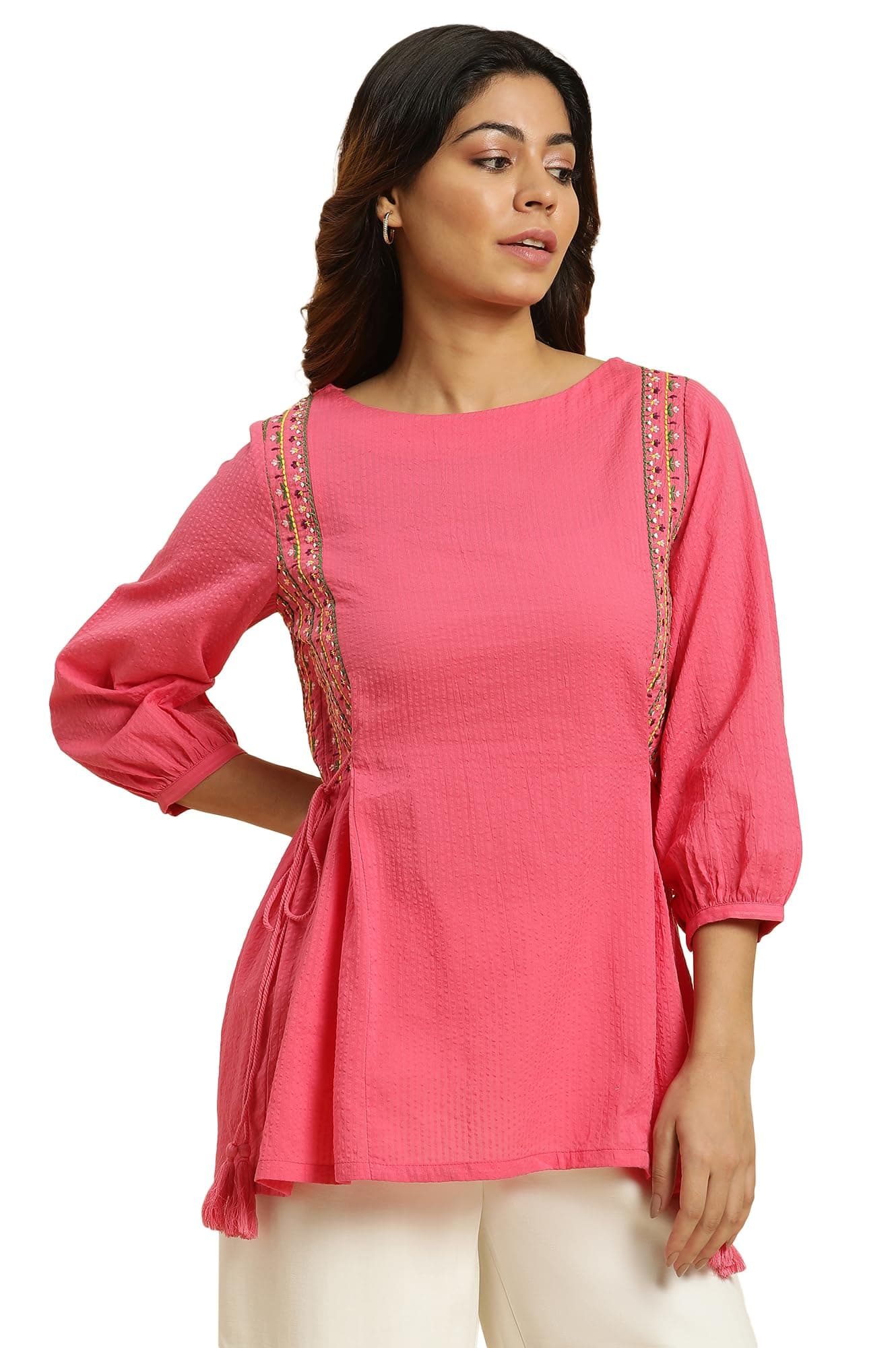 W for Woman Pink Embroidered Solid Top with Side Tie-up