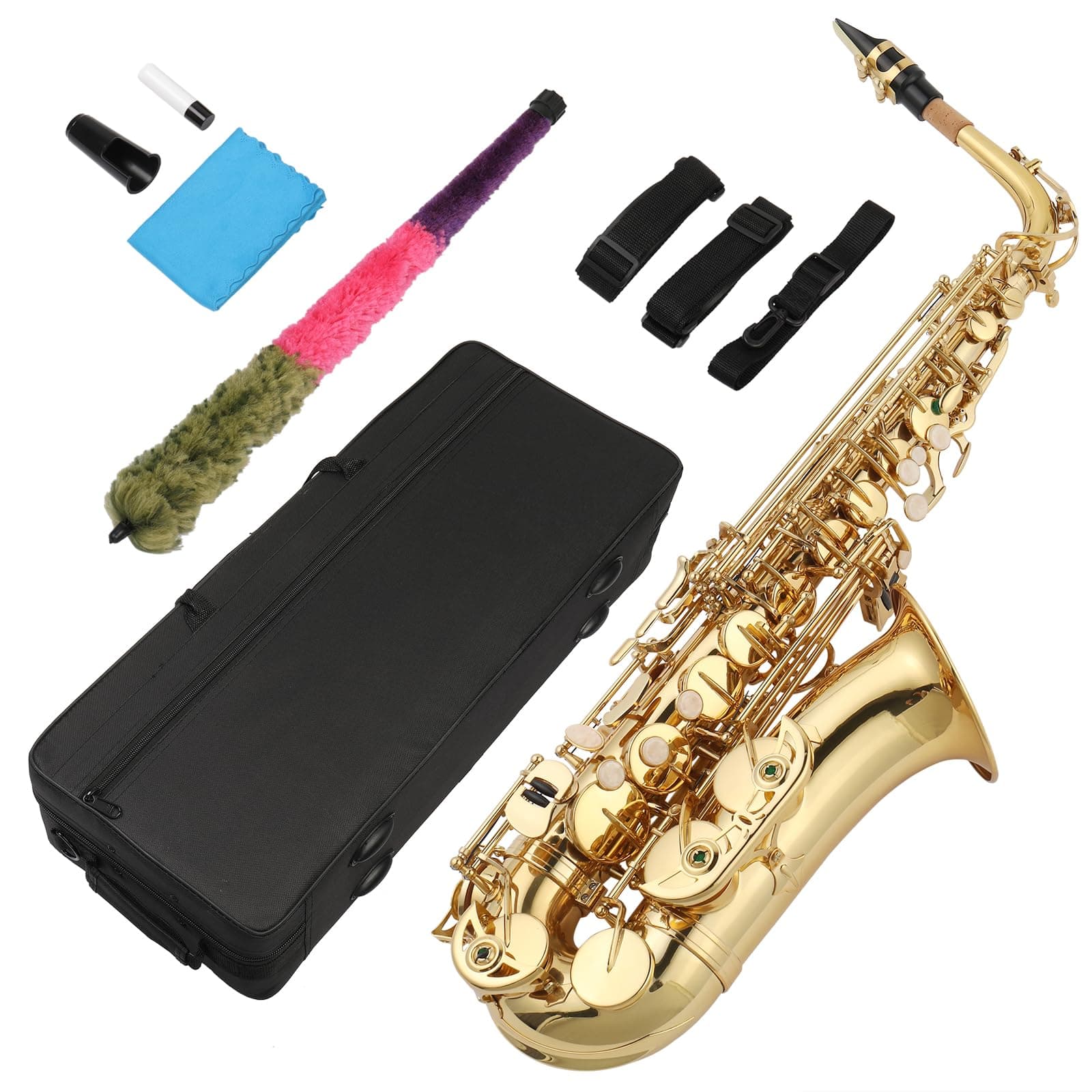 Ktaxon Alto Saxophone Drop E Flat Brass Sax Beginner Sax Full Kit with Mouthpiece, Carrying Case, Gloves, Cleaning Cloth Bar, Detachable Strap, Shoulder Strap, Reed