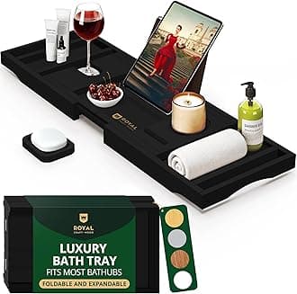 ROYAL CRAFT WOOD Foldable Bathtub Tray Caddy Bamboo Bathtub Tray Expandable, Bathroom Tray, Bath Tub Table Caddy with Extending Sides - Free Soap Dish