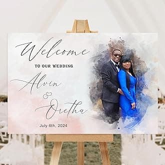 Personalized Welcome Wedding Sign, Watercolor Picture Wedding Sign, Wedding Welcome Sign With Stand, Custom Welcome Sign Wedding Decorations For Ceremony, Gold Welcome Sign