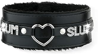 Pink Furry Heart O-ring Leather Choker Collar For Women, Handmade Punk Gothic Letter Necklace Adjustable Fashion Jewelry