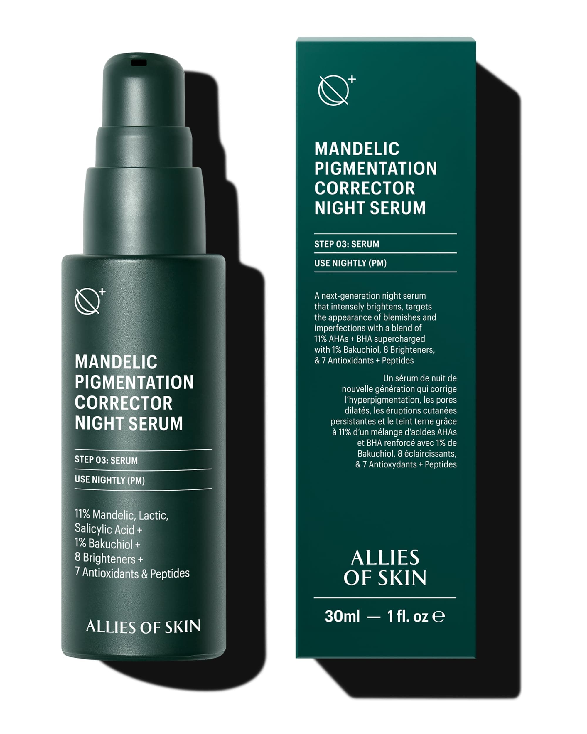 Allies of Skin Mandelic Pigmentation Corrector Night Serum | Gentle Acne Face Serum with Bakuchiol, Niacinamide & Salicylic Acid | Anti-Aging Formula to Reduce Pores and Even Skin Tone (1 oz)