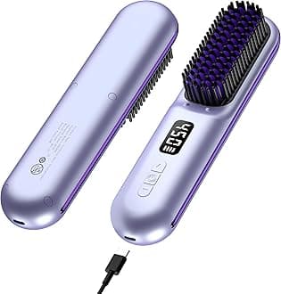 Cordless Hair Straightener Brush, Portable Mini Hair Straightening Brush for Travel, Rechargeable 9600 mAh USB-C, Lightweight Anti-Scald Heated Styling Tools & Appliances