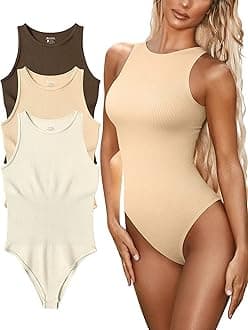 Women’s Sexy Ribbed Bodysuit Tops - 3 Piece Sleeveless Halter Neck Bodysuits with Tummy Control (Color : Coffee Milktea Beige, Size : S)