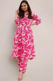 Leriya Fashion Women's Anarkali Rayon Floral Printed Kurta Pant Set | High-Low Hem & 3/4 Sleeves | Ethnic Co-ord for Festive & Casual Wear | Co ord Set For Women Stylish | 2 Piece Dress For Holiday Look & Puja