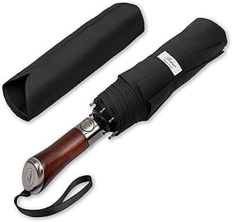 (Designed in UK) Travel Umbrella Luxurious Golden Hardwood Handle Auto Open & Close Windproof Frame Single Canopy Automatic Folding Umbrella Men's & Ladies