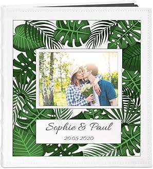 MavertonPhoto Album for couples- White cover with a photo frame and a stylish print - 60 black pages to fill in - Up to 240 images in multiple size - For wedding - For parents - leaves