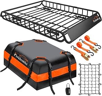 FIVKLEMNZ Car Rooftop Cargo Carrier Roof Bag Waterproof for All Top of Vehicle with/Without Rack Includes Topper Anti-Slip Mat + Reinforced Straps + 6 Door Hooks + Luggage Lock