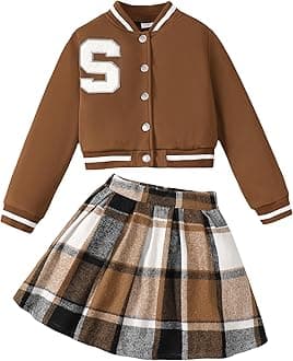 Girls 2 Piece Outfits Skirt Set Button up Jacket Sweatshirt and Pleated Mini Skirts Fall Winter Clothes Size 7-14Y