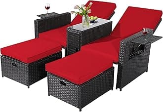 5PCS Outdoor Wicker Chaise Lounge Chair - Rattan Adjustable Reclining Patio Lounge Chair with Ottoman and Coffee Table, for Patio Beach Pool Backyard (Black Wicker Red Cushion)