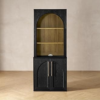 mopio Blake Storage Cabinet with Hutch, Sideboard Buffet Cabinet with Storage, Kitchen Pantry Organizer, Coffee Bar Station, Trophy Display Case with Door & Shelf for Living Room (Black Oak Arched)