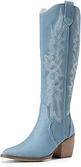 DREAM PAIRSCowboy Boots,Western Cowgirl Boots for Women,Knee High Boots,Comfortable and Fashion Pull On Zipper Chunky Heel Pointed Toe Embroidered Boots