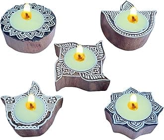 Royal Kraft Decorative Carved Wooden Tea Light Candle Holders with Included Tealites (Set of 5)