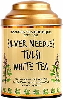 - Sancha Tea Boutique, Tulsi White Tea, 75g Silver Needle White Buds Blended with Holy Basil, Antioxidant-Rich & Delicate Floral Herbal Infusion