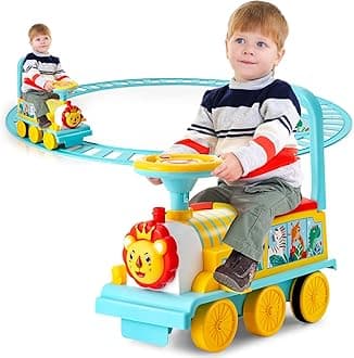 Costzon Ride on Toys, 6V Electric Ride on Train with Tracks, Storage Seat, Flashing Lights & Music, Backrest, Anti-tilt Device, Gift for Toddler Boys & Girls, Battery Powered Ride on Car (Blue)