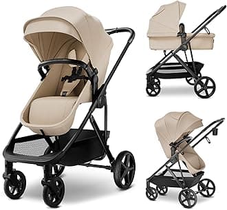 MAMA & BABY Rovee Bassinet Baby Stroller, 2-in-1 Foldable Infant Stroller with Reversible Seat, UPF 50+ Canopy, All-Terrain Wheels for On-The-Go Families
