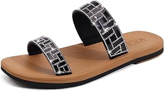 ONCAI Womens Flat Sandals with Cross Strappy Trendy Square Open Split-Toe Ring Summer Dressy Slides Sandals with Slip-on Rubber Soles