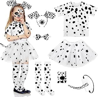 SOMSOC 8 Pieces 101 Day of School Girl Dalmatian Dog Costume Set 100 Days T-shirt Knee Socks Headband Tail Tattoo Stickers