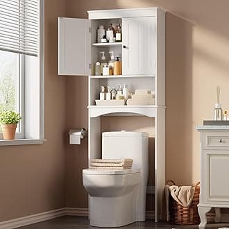 Gizoon Over the Toilet Storage Cabinet with Adjustable Shelf and Double Doors, Bathroom Space Saver Organizer Above Toilet with Open Shelf, Taller Wooden Free Standing Toilet Rack -White