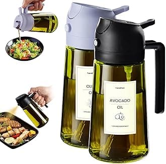 TrendPlain 16oz Olive Oil Dispenser & Sprayer - 2 in 1 Glass Bottle with Light-Blocking Design, Water-Resistant Stickers, Innovative Spray Nozzle - Black&Lilac (2 Pcs)