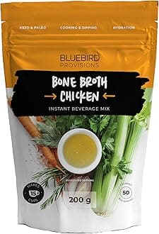 BLUEBIRD PROVISIONS Chicken Bone Broth Powder - Low Sodium Savory Protein Powder - Carnivore Protein Powder with 12 g Protein - Gut Healing and only 130 mg Sodium - Just 2 Ingredients - 7.1 oz