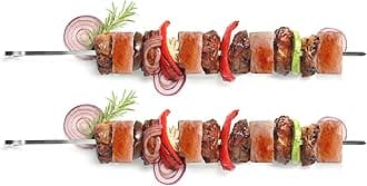 Outset Grill Skewers, Stainless Steel BBQ Skewers With Pink Himalayan Salt Cubes, 2 Skewers and 4 Cubes For Kabobs