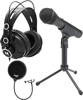 Q2U Black Handheld Dynamic USB Microphone Bundle with Pop Filter and Closed Back Over-Ear Headphones (3 Items)