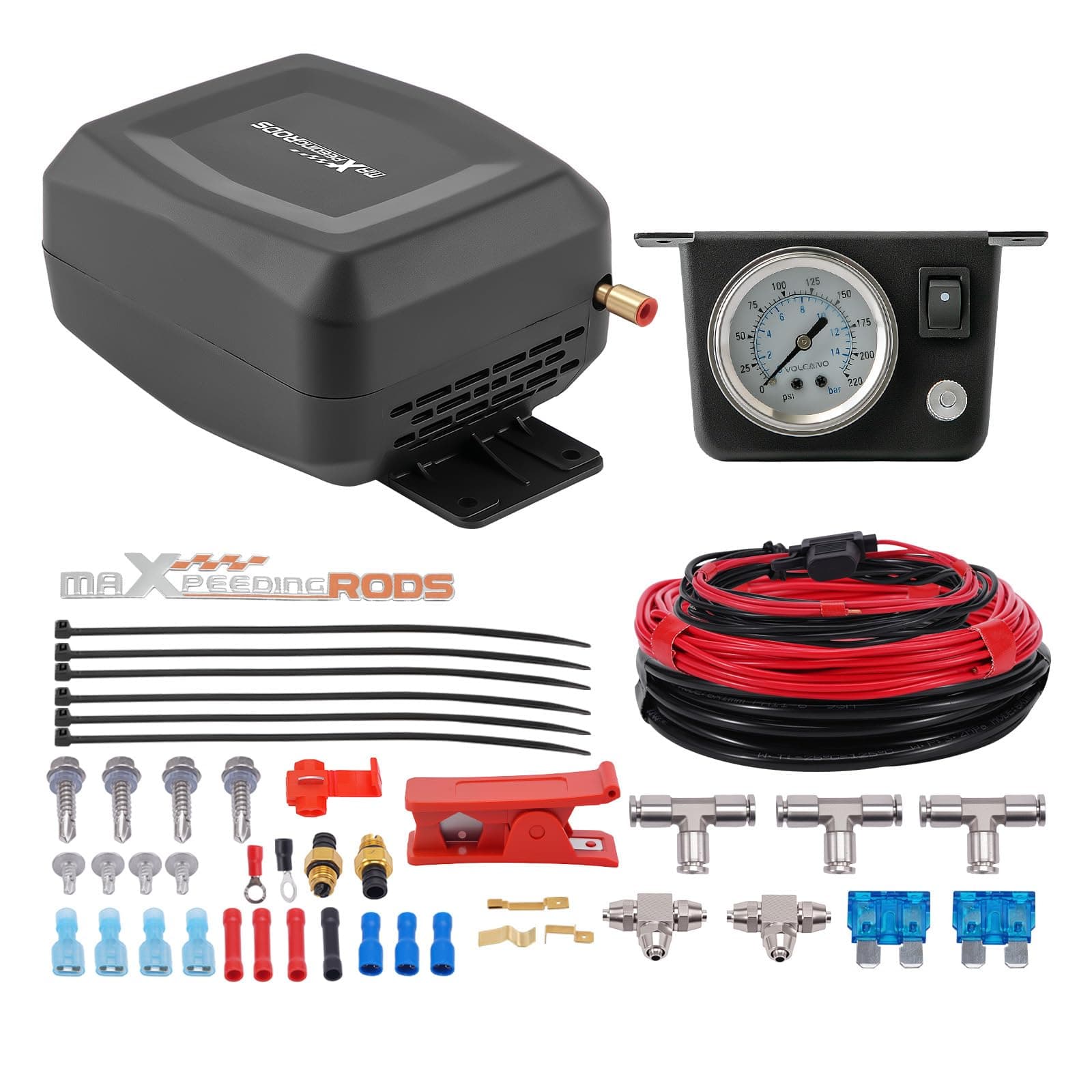 On Board Air Compressor System Universal Air Spring Compressor Kit with Gauge Air Line T Fittings for Trucks Vans