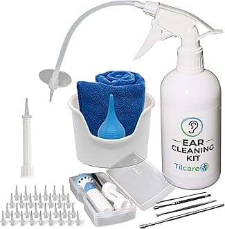 Ear Wax Vacuum Removal Tool by Tilcare - Ear Irrigation Flushing System for Adults & Kids - Perfect Ear Cleaning Kit - Includes Electric Vacuum Tool, Basin, Syringe, Curette Kit, Towel and 30 Tips
