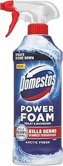 Domestos Power Foam Arctic Fresh Toilet & Bathroom Cleaner Spray sprays upside down & eliminates 99.99% of germs* for cleaning inside the toilet & around the bathroom 450 ml