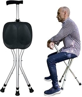Portable Adjustable Folding Walking Cane with Seat Allows Durability While Walking and Convenience for Sitting, Alloy Crutch Chair, Anti-Slip Lightweight Walking Stick for Seniors