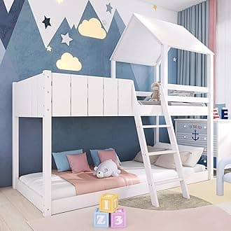 Double Bed Bunk Bed, 3ft Single Tree House Wooden Bunk Beds With Ladder and Guard Rail, Twin Sleeper Kids Loft Bed, Wooden Cabin Bed Frame Canopy Bed For Kids Children Teens, White, 190x90 cm