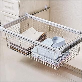 Wardrobe Pull-out Basket Cabinet Drain Storage Basket, Steel Wardrobe Rail Hanger, can Be Used for Clothes Sorting and Folding Storage (Color : Silver, Size : 764-814mm)