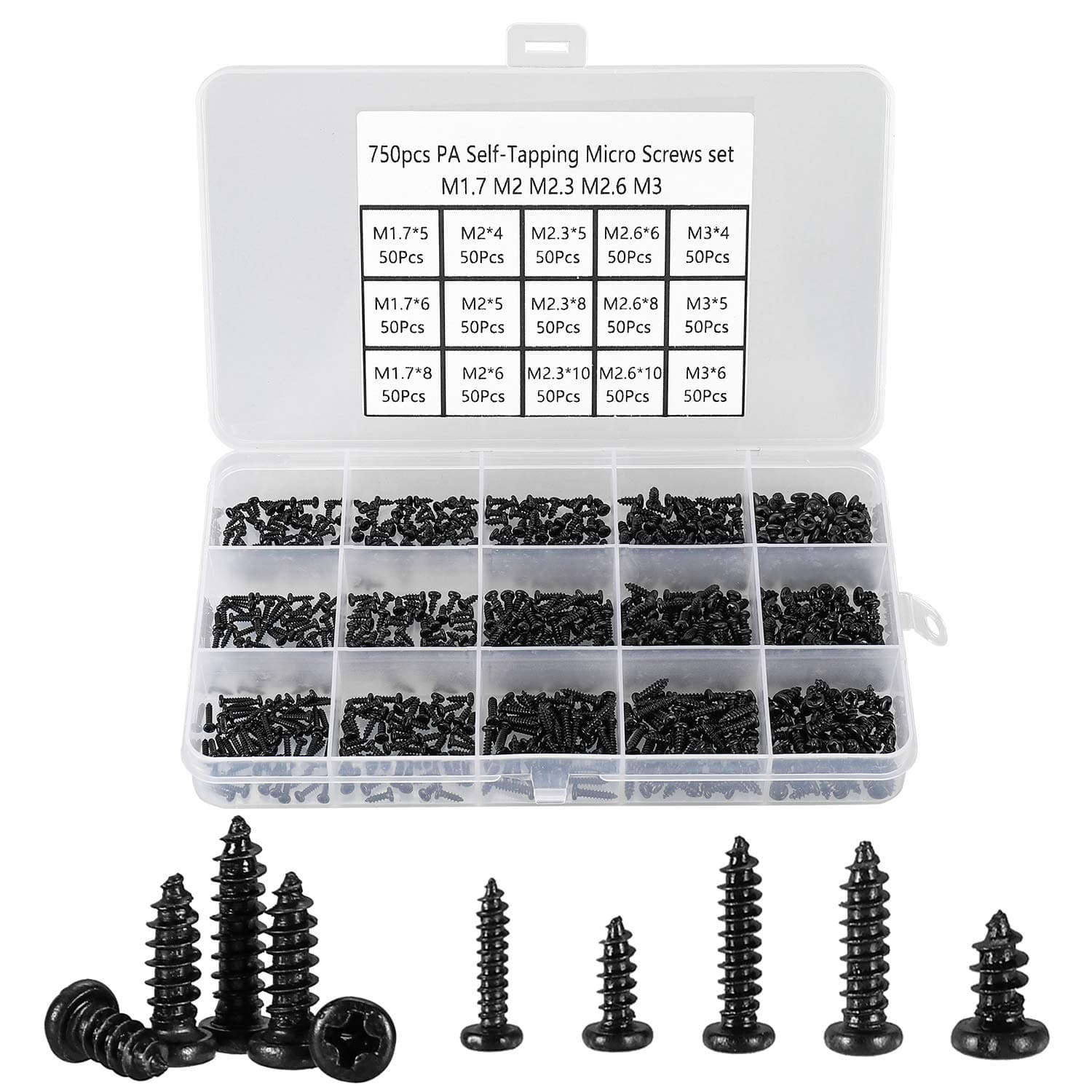 750pcs Black Small Self Tapping Screws M1.7-3
