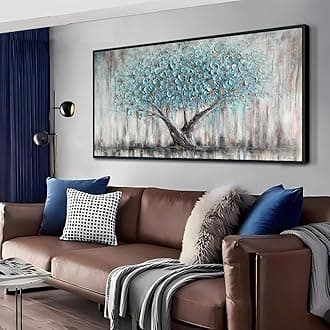 Arjun Framed Blue Tree Canvas Wall Art for Living Room Tree of Life Abstract Bedroom Textured Painting, Nature Picture Panoramic Landscape Artwork Home Office Decor, Black Wood Large 48"x24"