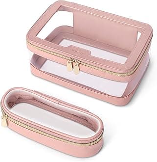 Travel Clear Makeup Bag with Makeup Brush Bag, Leather Makeup Case Toiletry Bag, Portable Cosmetic Bag Case, Transparent Waterproof Cosmetic Organizer Storage Bag for Women, Pink, M, 1