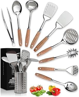 Home Hero Stainless Steel Kitchen Utensils Set - Wood Handle Nonstick Stainless Steel Cooking Utensils Set - Heat Resistant Kitchen Essentials & Metal Kitchen Gadgets (Silver & Wood)