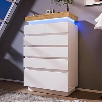 Jaxenor White High Gloss Sideboard LED Cabinet with 6 Drawers for Living Room...