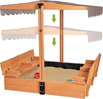 GUTINNEEN Kids Wooden Outdoor Sandbox w/Canopy, 2 Foldable Bench Seats, Retractable Roof Sand Protection Liner 47x47-Inch