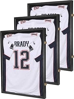 Jersey Wooden Frame Display Case -Shadow Box with 98% UV Protection Acrylic and Hanger for L or XL Baseball Basketball Football Hockey Sport Shirt and Uniform (Black, 3 Packs)