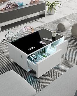 LIVTAB Smart Coffee Table, 23" D x 41.5" W x 18.1" H, Living Room Table with Built in Fridge and Speakers, Smart Table with 15W Wireless Charging, USB Chargers and 110V Outlets (White)