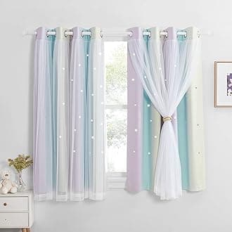 NICETOWN Kids Blackout Curtain - Star Cut Out Thermal with Net Sheer Eyelet Top, Colorful Baby Curtains, W52 x L54 Inch (132x137 cm), 1 Pair, Purple Blue Yellow