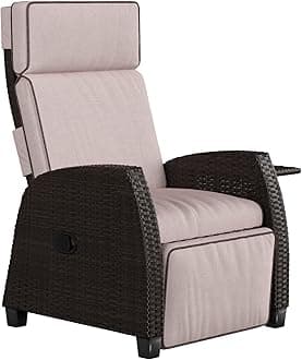 Grand patio Recliner PE Wicker, Adjustable Position Height Armchair with Flip Table and Cushion, Steel Frame, Lounge Chair for Indoor, Outdoor - Brown Wicker, Dark Beige Cushion