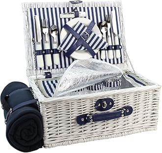 Picnic Basket Willow for 4 Persons, Large Wicker Hamper Set with Big Insulated Cooler Compartment, Fleece Blanket with Waterproof Backing and Cutlery Service Kit- Fashionable White Washed Color