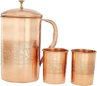 Amazon Brand - Solimo Embossed Copper Jug with 2 Embossed Glasses| 1350 ml | Copper