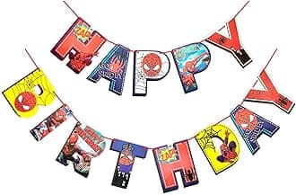 Propsicle Action Super-Hero Spider man Themed Happy Birthday Banner | Birthday Party Decoration Flags with Ribbon | Super Hero Themed Bunting Flags (Pack of 13 Flags)