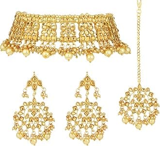 Aheli Elegant Indian Faux Kundan Studded Choker Necklace with Maang Tikka Set Ethnic Wedding Wear Bharatanatyam jewellery set Gift for Women